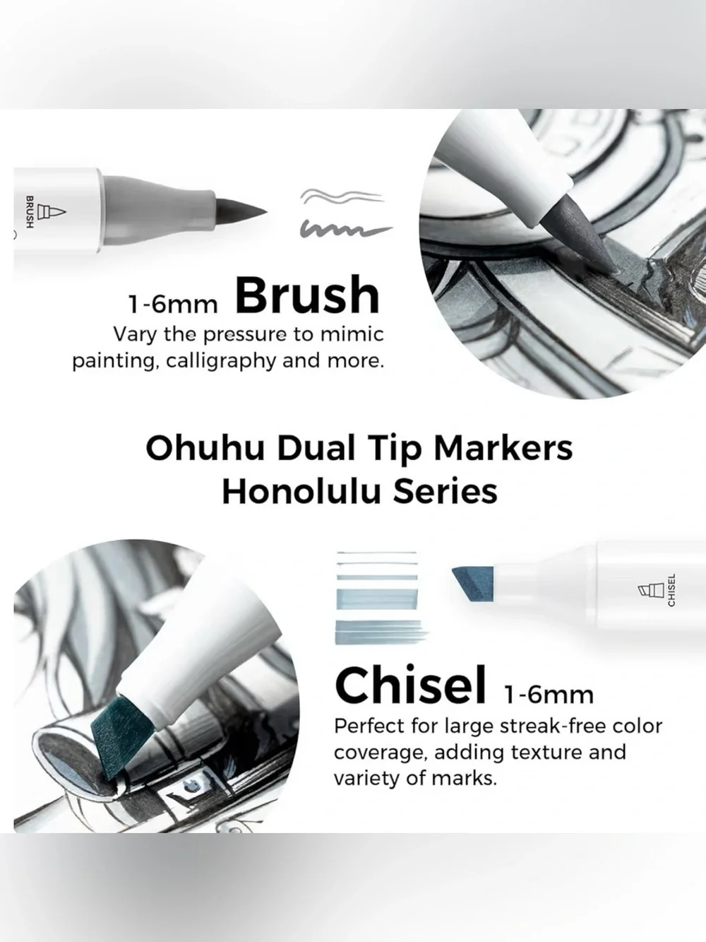 Ohuhu Dual Tip Art Markers - Cool Greys & Blues Set
